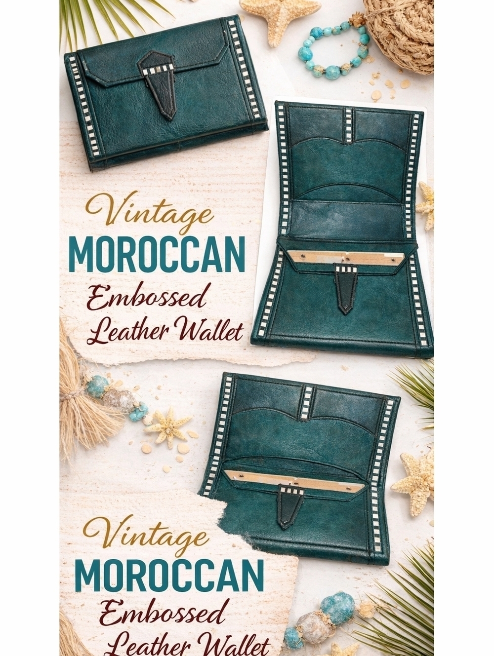 Vintage Moroccan Teal Embossed Leather Wallet Boho Artisan Tooled WalletP NWOT